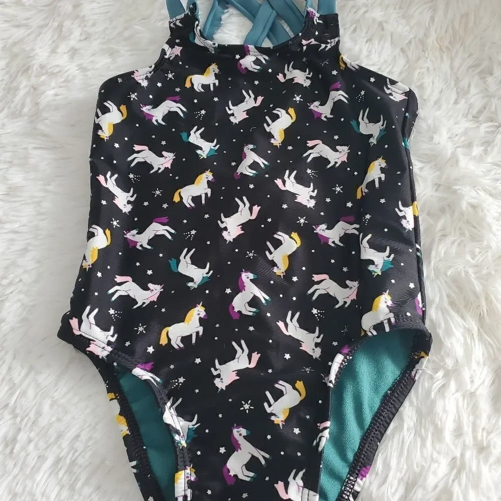 Cat & Jack Toddler Girl's Size 2T Black and Teal Unicorn One Piece Bathing Suit
